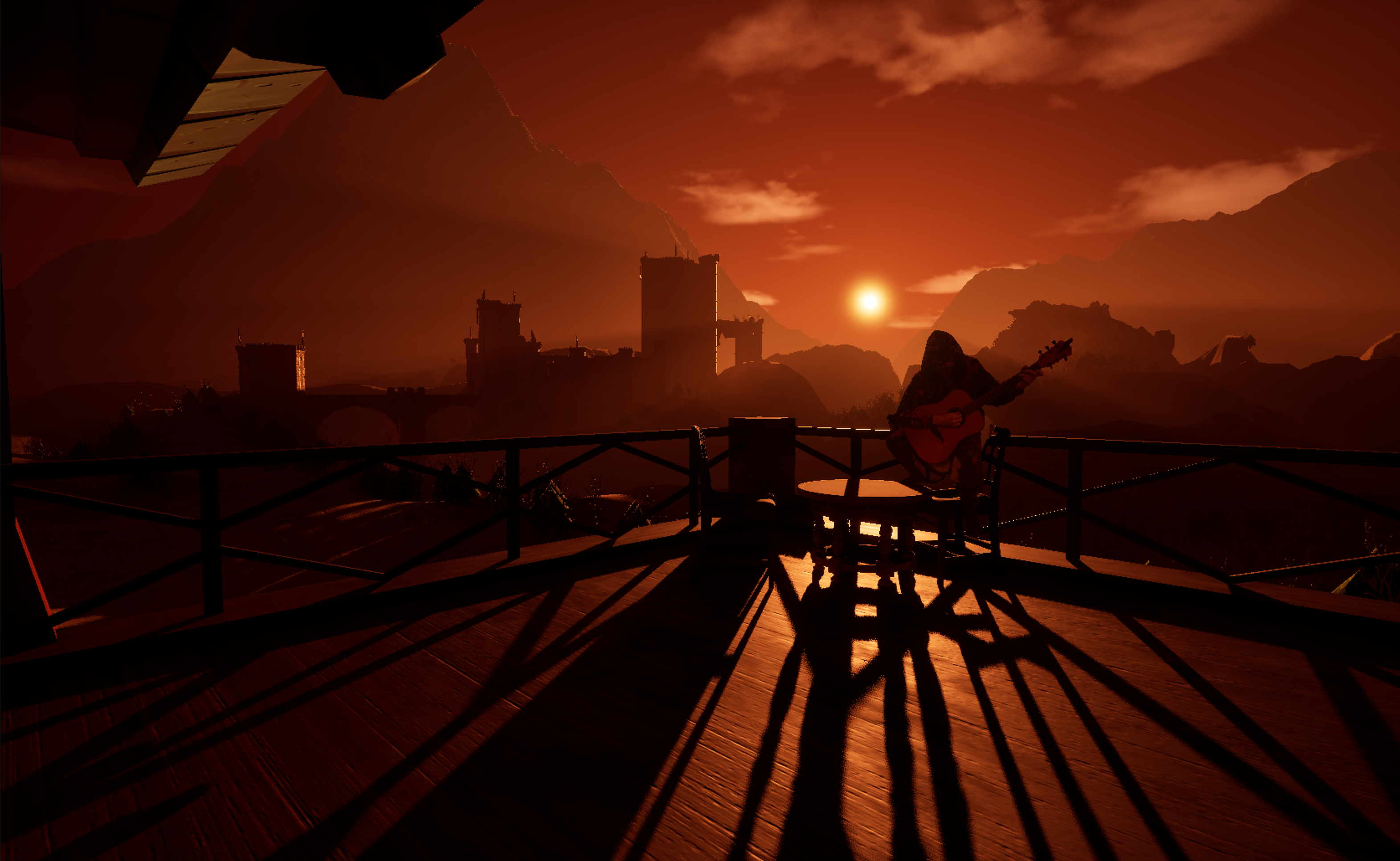 The Jester playing music on the balcony in The Last Dawn