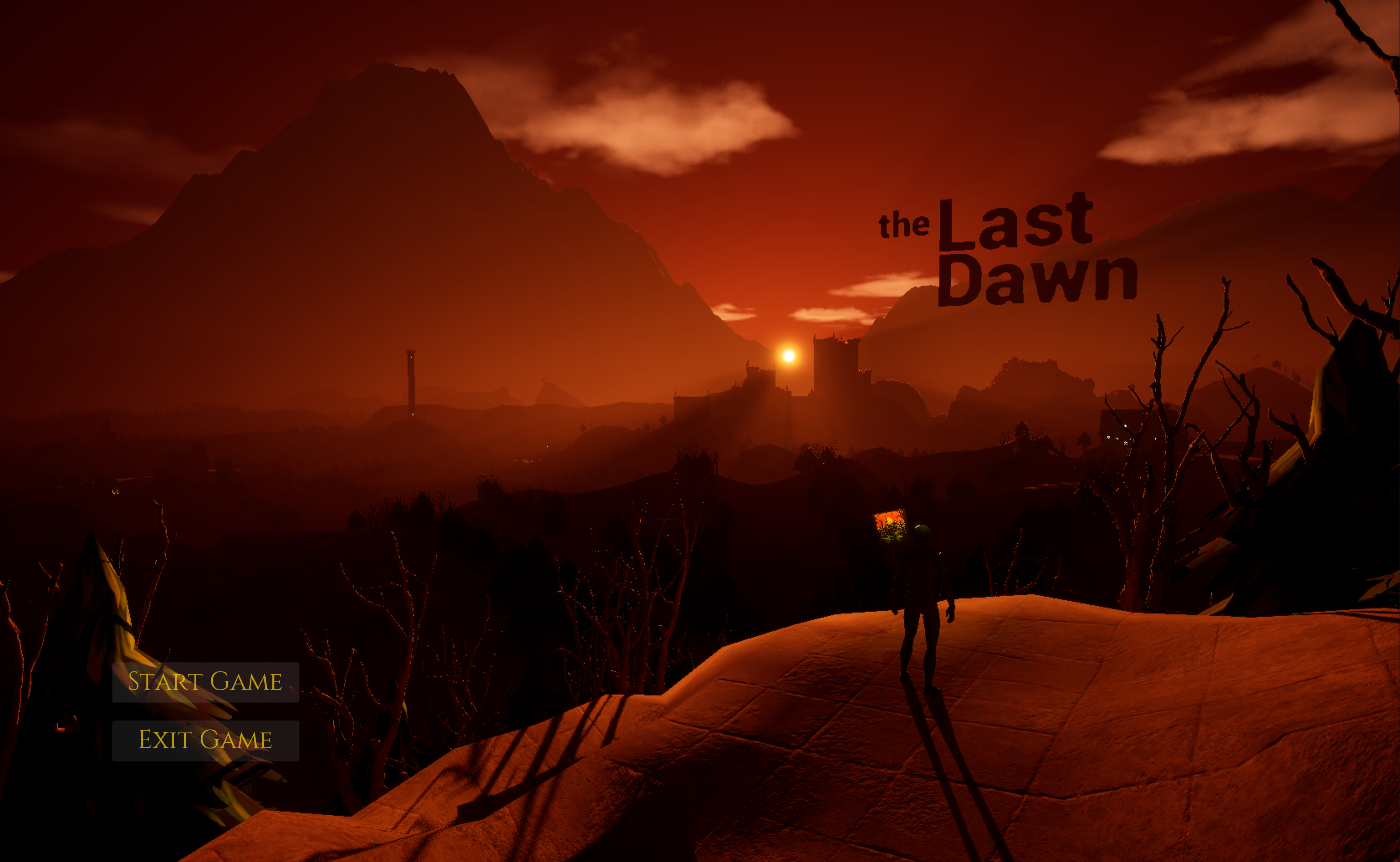 The Last Dawn game menu over a red fantasy landscape